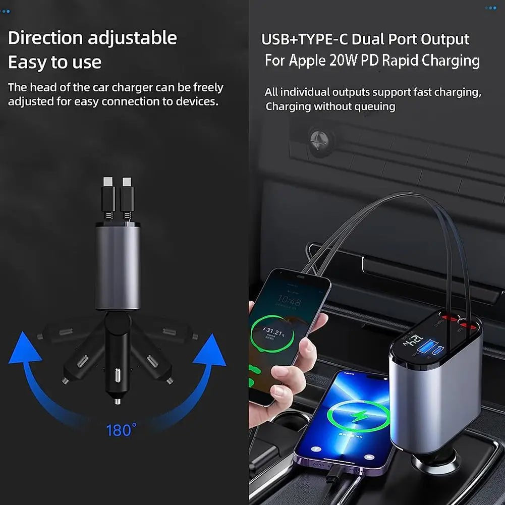 โก 120W 4-in-1 Retractable Car Charger โ Fast, Smart & Compact ๐. HIGH QUALITY