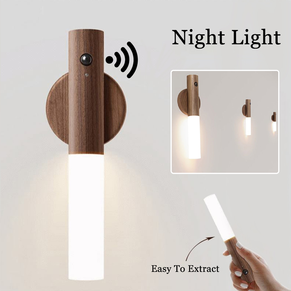 Magnetic Wooden Wireless Night Light PIR Motion Sensor Wall Light Cabinet Lamp