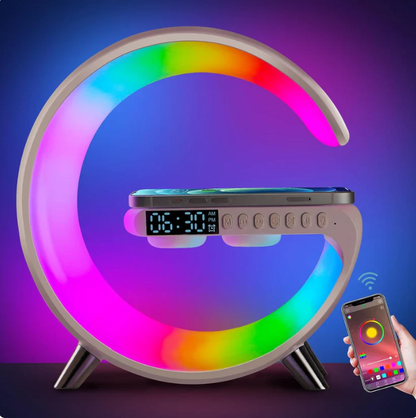 RGB G-Shape Lamp - Wireless Charging + Speaker + Clock
